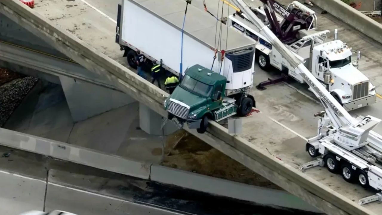 Semi-Truck Dangling Off Freeway Connector in Pacoima Causes Major Traffic Disruptions During Storm
