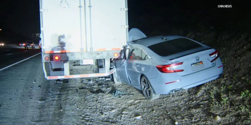 Passenger Car Lodged Under Semi-Truck in Early-Morning Freeway Crash in Glendora (1)
